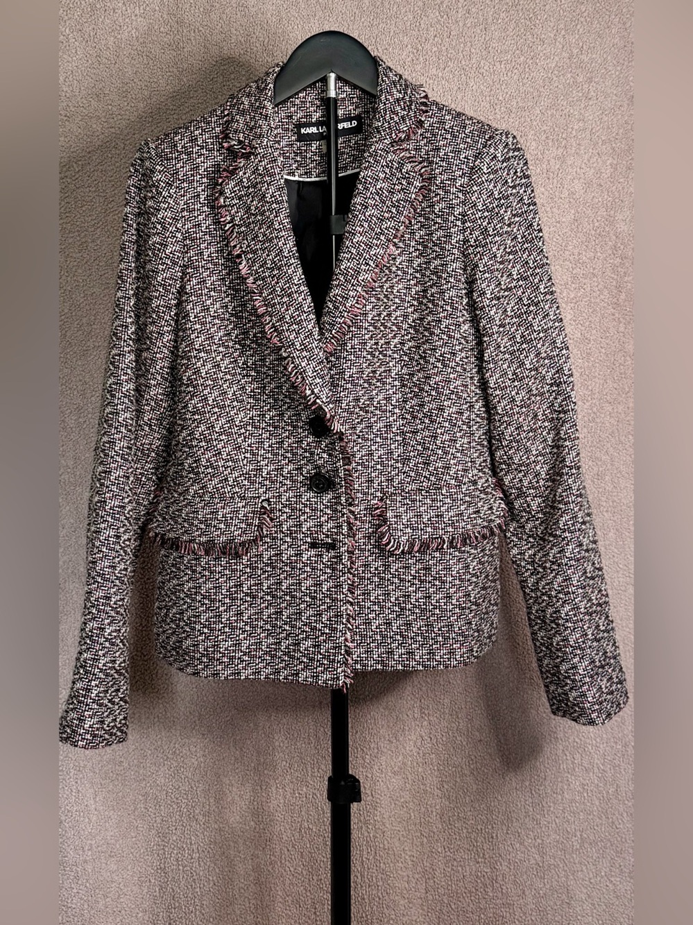 Karl Lagerfeld Paris Tweed Fringe Blazer Jacket Black Pink Ivory Size 6